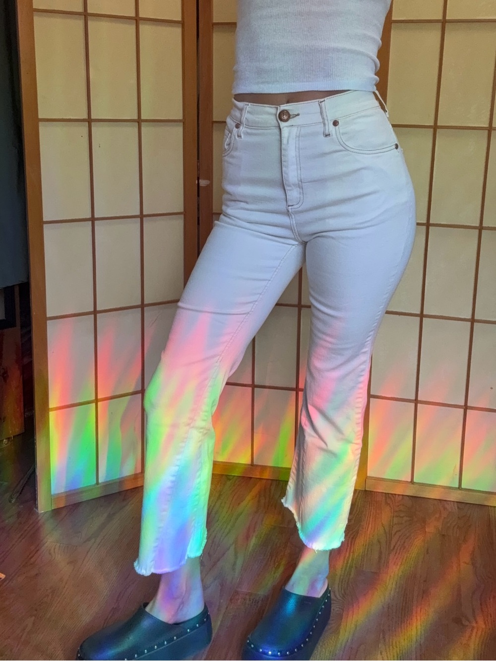 Las Pepas Cream Ecru High Rise Wide Leg Cropped Jeans Raw Hem Size 26